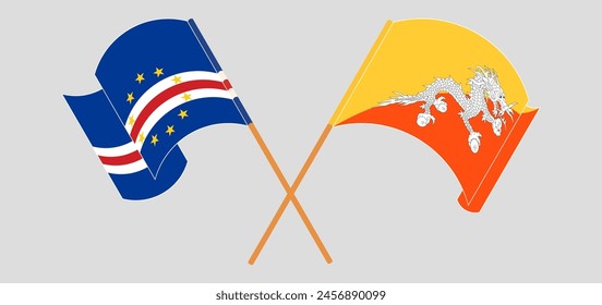 Crossed and waving flags of Cape Verde and Bhutan. Vector illustration
