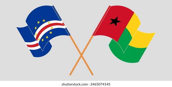 Crossed and waving flags of Cape Verde and Guinea-Bissau. Vector illustration
