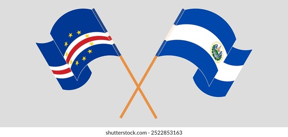 Crossed and waving flags of Cape Verde and Republic of El Salvador. Vector illustration.
