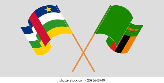 Crossed and waving flags of Central African Republic and Zambia. Vector illustration
