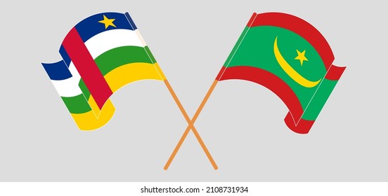 Crossed and waving flags of Central African Republic and Mauritania. Vector illustration
