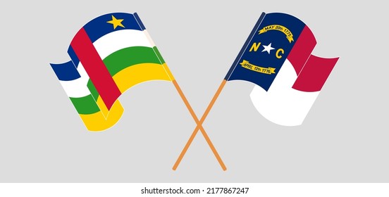 Crossed and waving flags of Central African Republic and The State of North Carolina. Vector illustration
