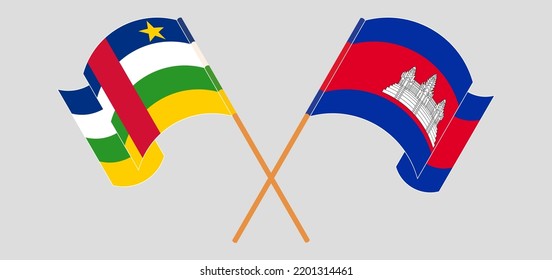 Banderas cruzadas y ondeando banderas de la República Centroafricana y Camboya. Ilustración del vector
