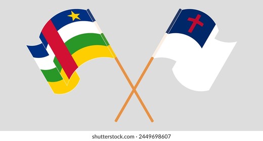 Cruzadas y ondeando banderas de la República Centroafricana y el cristianismo. Ilustración vectorial