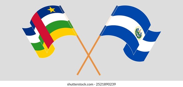 Crossed and waving flags of Central African Republic and Republic of El Salvador. Vector illustration.
