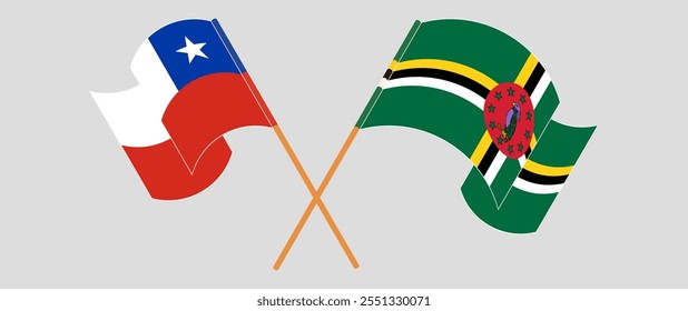 Bandeiras cruzadas e acenando do Chile e Dominica. Ilustração vetorial.
