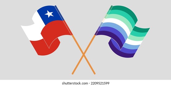 Crossed and waving flags of Chile and gay men pride. Vector illustration
