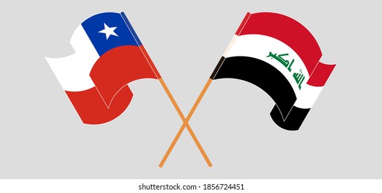 Crossed and waving flags of Chile and Iraq