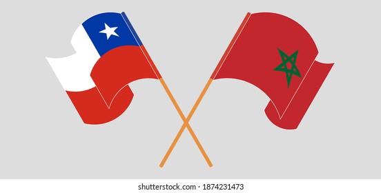 Banderas cruzadas y ondeando banderas de Chile y Marruecos