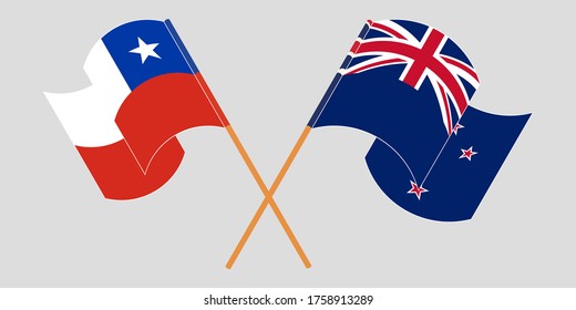 Banderas cruzadas y ondeando banderas de Chile y Nueva Zelanda