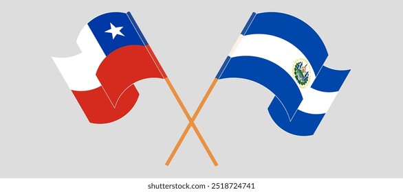 Bandeiras cruzadas e acenando do Chile e da República de El Salvador. Ilustração vetorial.
