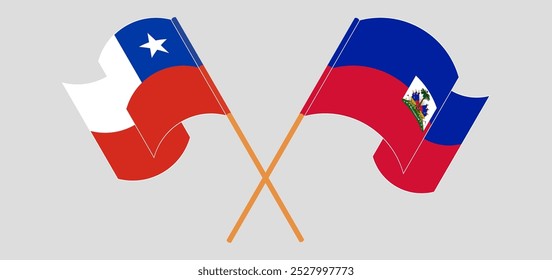 Bandeiras cruzadas e acenando do Chile e República do Haiti. Ilustração vetorial.
