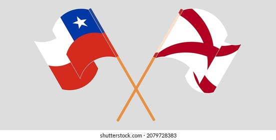 Crossed and waving flags of Chile and The State of Alabama. Vector illustration
