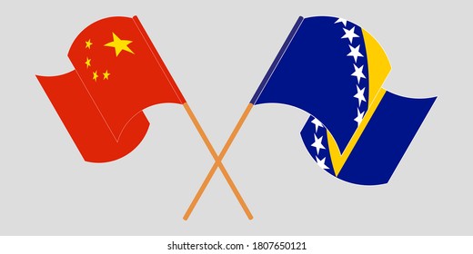 Crossed and waving flags of China and Bosnia and Herzegovina
