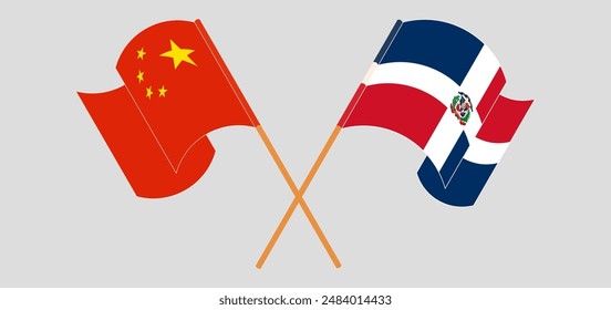 Crossed and waving flags of China and Dominican Republic. Vector illustration
