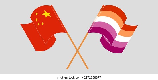 Crossed and waving flags of China and Lesbian Pride. Vector illustration

