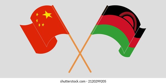 Crossed and waving flags of China and Malawi. Vector illustration