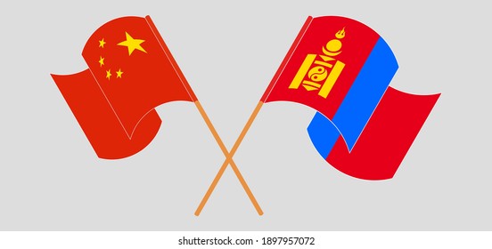 Crossed and waving flags of China and Mongolia