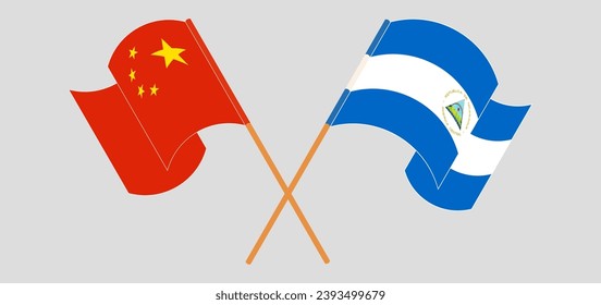 Crossed and waving flags of China and Nicaragua. Vector illustration
