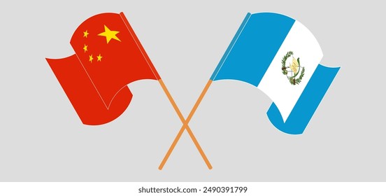 Crossed and waving flags of China and Republic of Guatemala. Vector illustration
