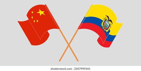 Crossed and waving flags of China and Republic of Ecuador. Vector illustration
