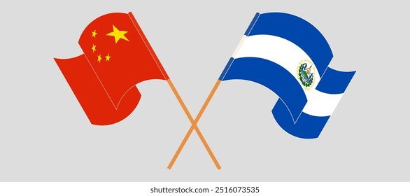 Crossed and waving flags of China and Republic of El Salvador. Vector illustration.
