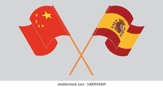 Crossed and waving flags of China and Spain. Vector illustration
