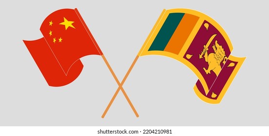 Crossed and waving flags of China and Sri Lanka. Vector illustration
