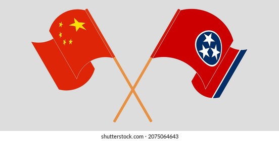 Crossed and waving flags of China and The State of Tennessee. Vector illustration
