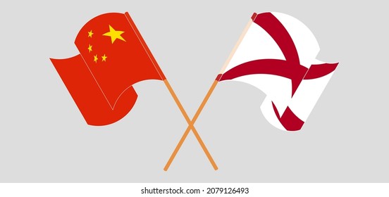 Crossed and waving flags of China and The State of Alabama. Vector illustration
