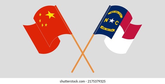 Crossed and waving flags of China and The State of North Carolina. Vector illustration
