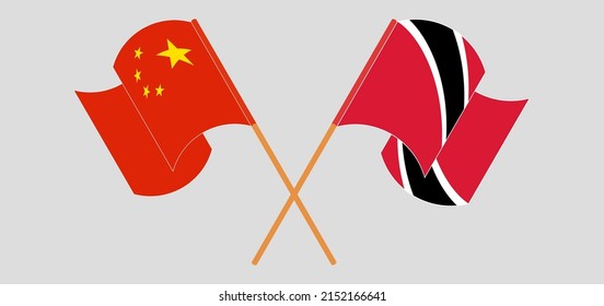 Crossed and waving flags of China and Trinidad and Tobago. Vector illustration
