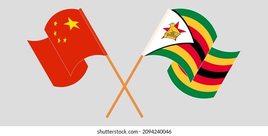 Crossed and waving flags of China and Zimbabwe. Vector illustration
