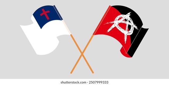 Crossed and waving flags of christianity and Anarchy. Vector illustration
