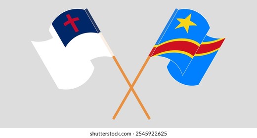 Banderas cruzadas y ondeando del cristianismo y la República Democrática del Congo. Ilustración vectorial.
