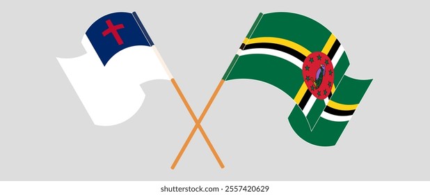 Crossed and waving flags of christianity and Dominica. Vector illustration.
