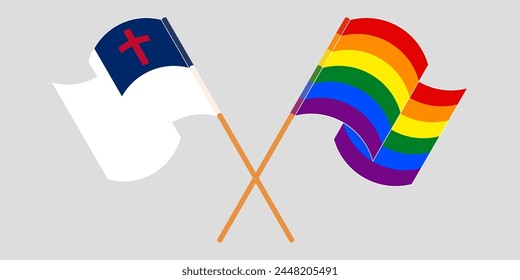 Crossed and waving flags of christianity and LGBTQ. Vector illustration
