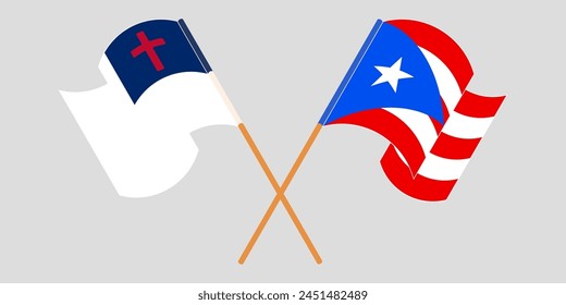 Crossed and waving flags of christianity and Puerto Rico. Vector illustration
