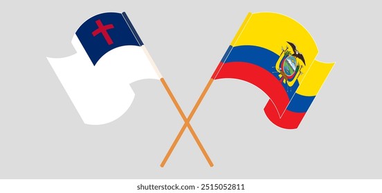 Bandeiras cruzadas e acenando do cristianismo e da República do Equador. Ilustração vetorial.
