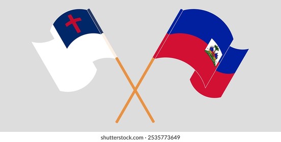 Cruzado y ondeando banderas del cristianismo y la República de Haití. Ilustración vectorial.
