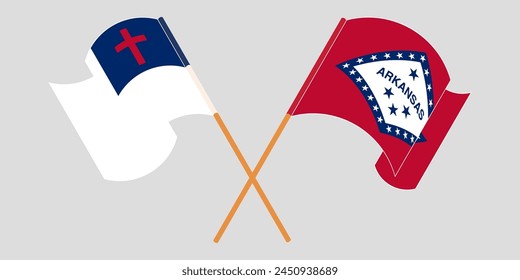 Crossed and waving flags of christianity and The State of Arkansas. Vector illustration
