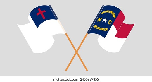 Crossed and waving flags of christianity and The State of North Carolina. Vector illustration
