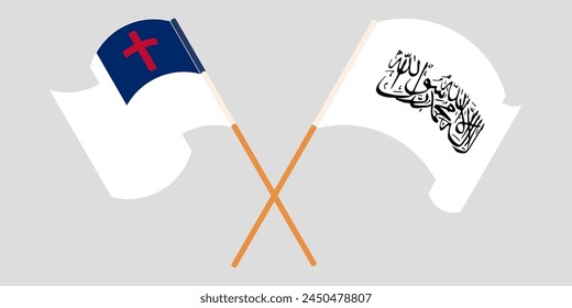 Crossed and waving flags of christianity and Taliban. Vector illustration
