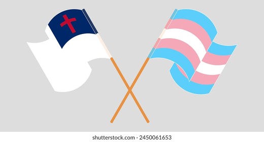 Crossed and waving flags of christianity and Transgender Pride. Vector illustration
