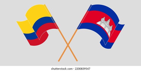 Crossed and waving flags of Colombia and Cambodia. Vector illustration
