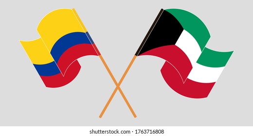 Crossed and waving flags of Colombia and Kuwait
