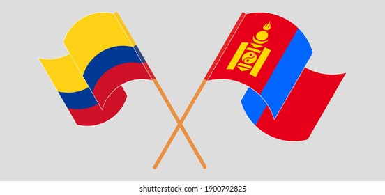 Crossed and waving flags of Colombia and Mongolia