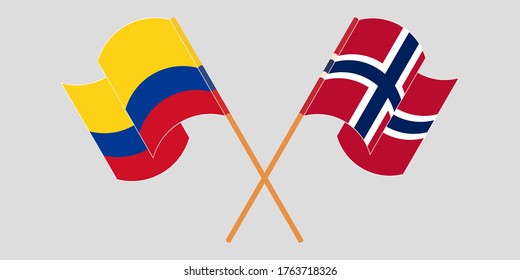 Crossed and waving flags of Colombia and Norway