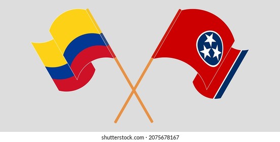 Cruzando y ondeando banderas de Colombia y el Estado de Tennessee. Ilustración del vector
