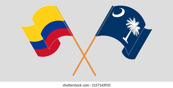 Crossed and waving flags of Colombia and The State of South Carolina. Vector illustration
